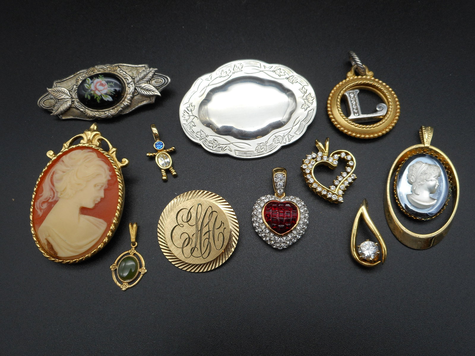 Kirk Stieff Pewter Brooch, Hematite & Lucite Clear Cameo Pendant, other Various Charms and Pins (1 of 6)