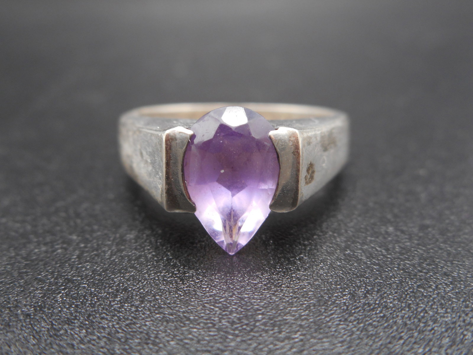 Solitaire Pear Cut Amethyst Sterling Silver Ring, Marked 925, Size 7.25 (1 of 4)