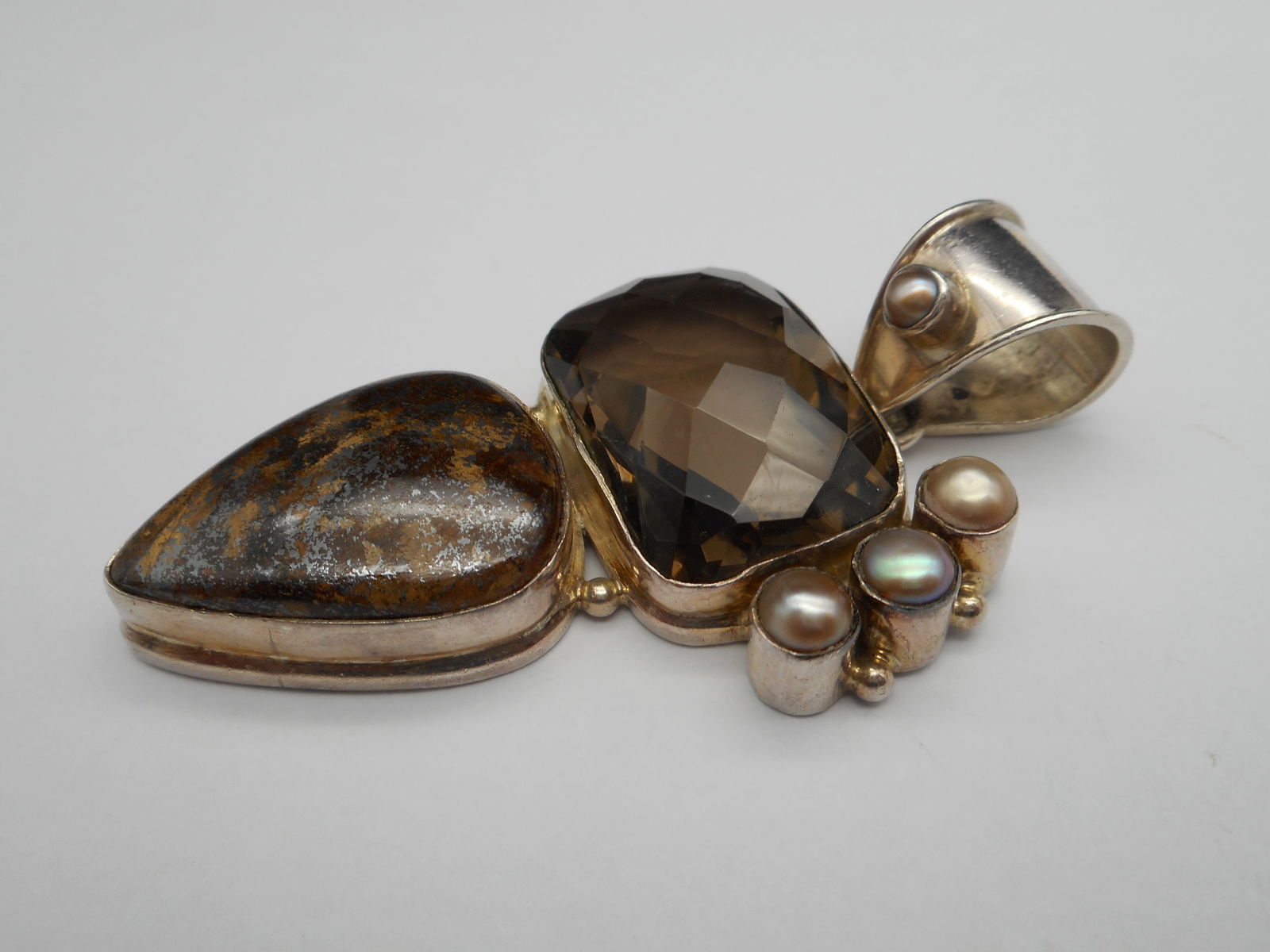 Art Deco Vintage Pendant, Smokey Faceted Large Stone & Polished Natural Stone, Sterling Silver, 925 (1 of 6)