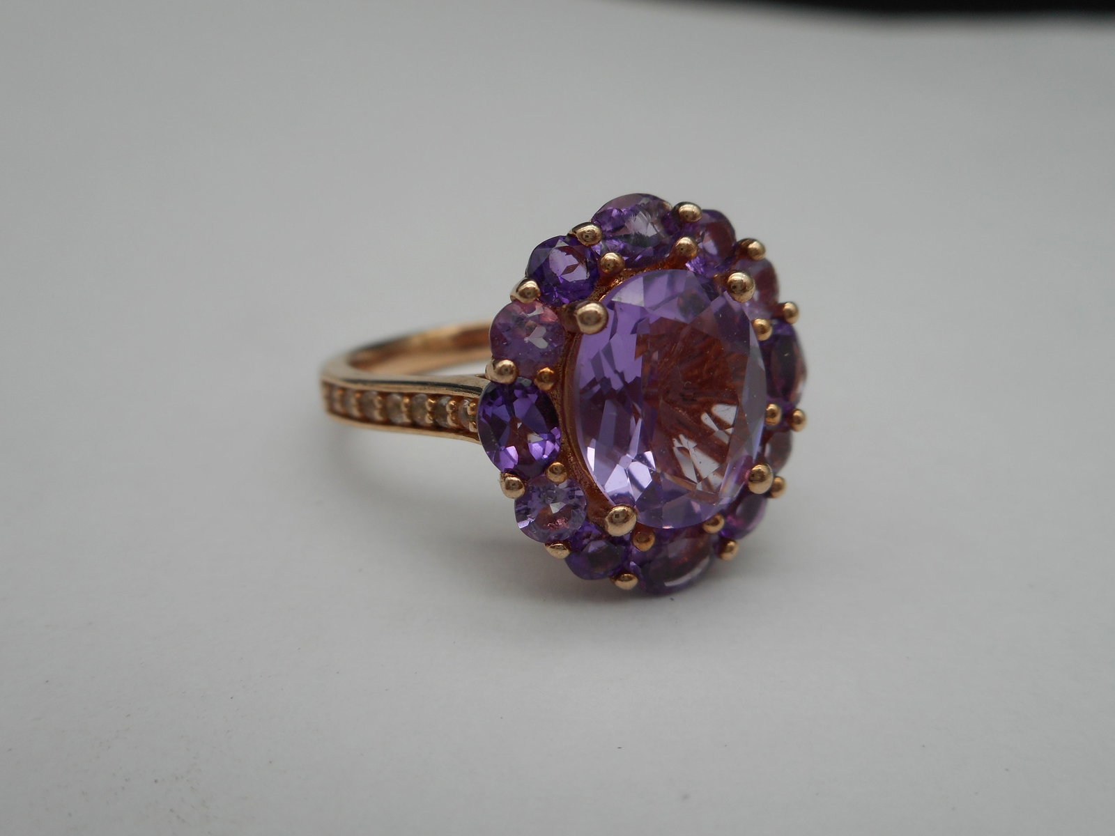 Rose Gold Over 925 Silver Amethyst & White Topaz Floral Ring, Large Center Stone, Size 8.25: Bidding on this item will be indication that the Bidder acknowledges that they have read and agreed to the Terms and Conditions posted to this Auction
