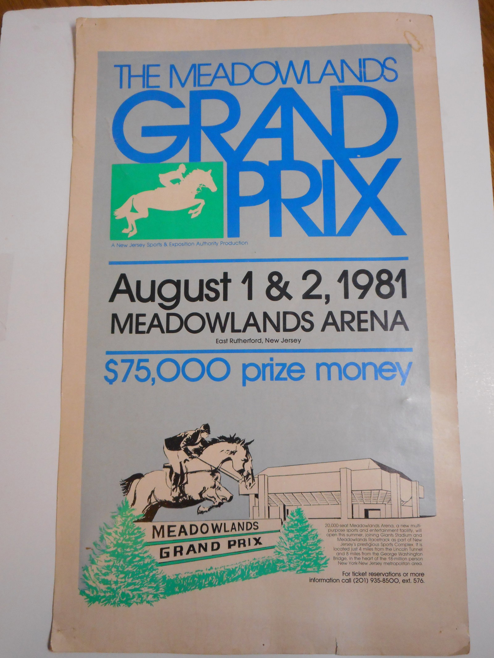 1981 The Meadowlands Grand Prix Horse Racing Poster, First Summer of Meadowlands Racetrack: 22 x 13 inches, some creases and small tears, minor stain, see photos. Poster has writing on back, not pictured Bidding on this item will be indication that the Bidder acknowledges that they have read