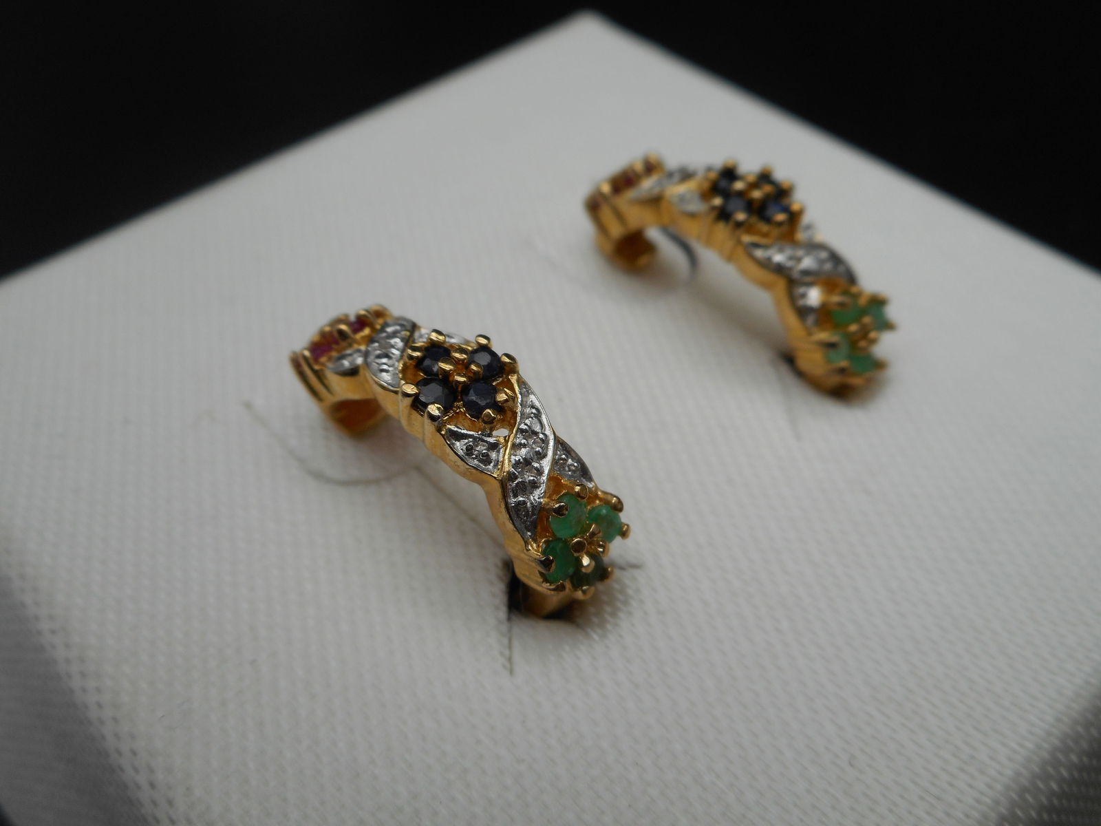 Ruby, Sapphire & Emerald Sterling Silver Gold Plated Post Earrings, Marked 925, 3/4-inch (1 of 5)