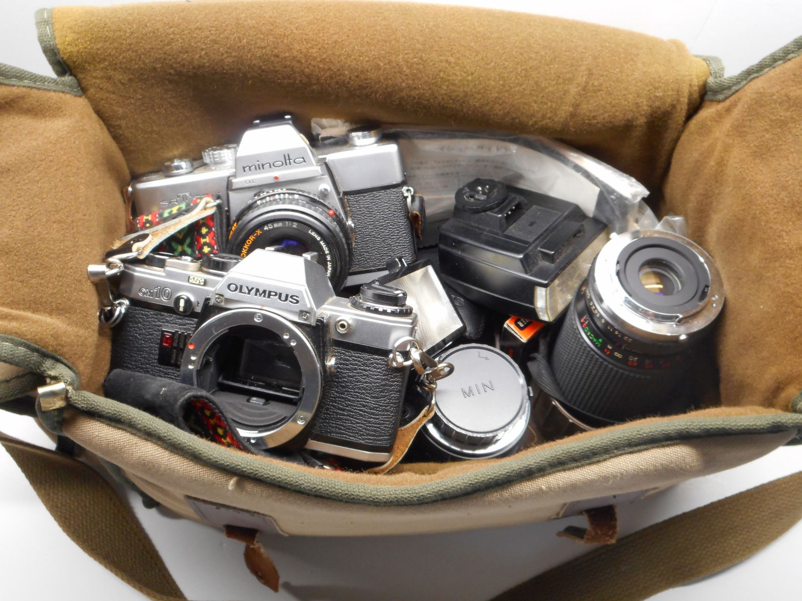 Vintage Minolta & Olympus 35mm Cameras with Lenses & Accessories in Canvas Shoulder Bag (1 of 6)
