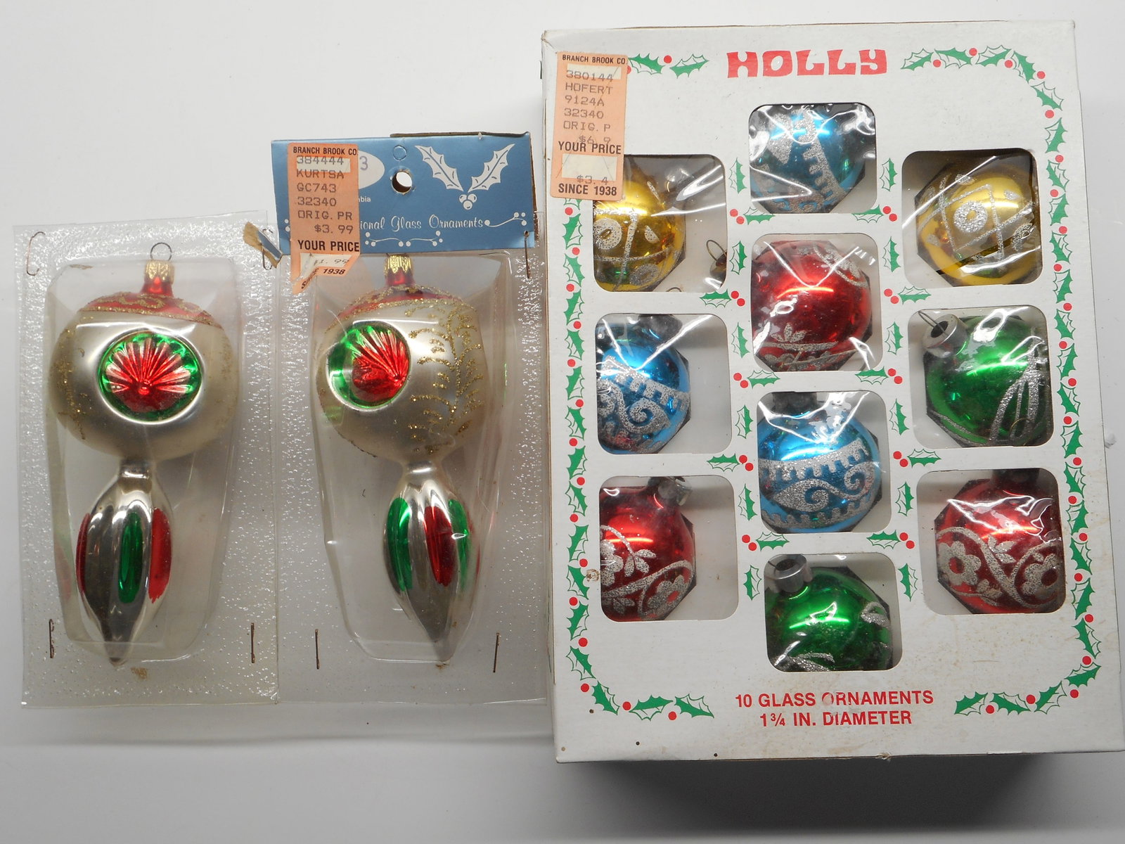 Vintage Glass Colorful Christmas Tree Ornaments, Glitter, In Original Box and Packages: Bidding on this item will be indication that the Bidder acknowledges that they have read and agreed to the Terms and Conditions posted to this Auction