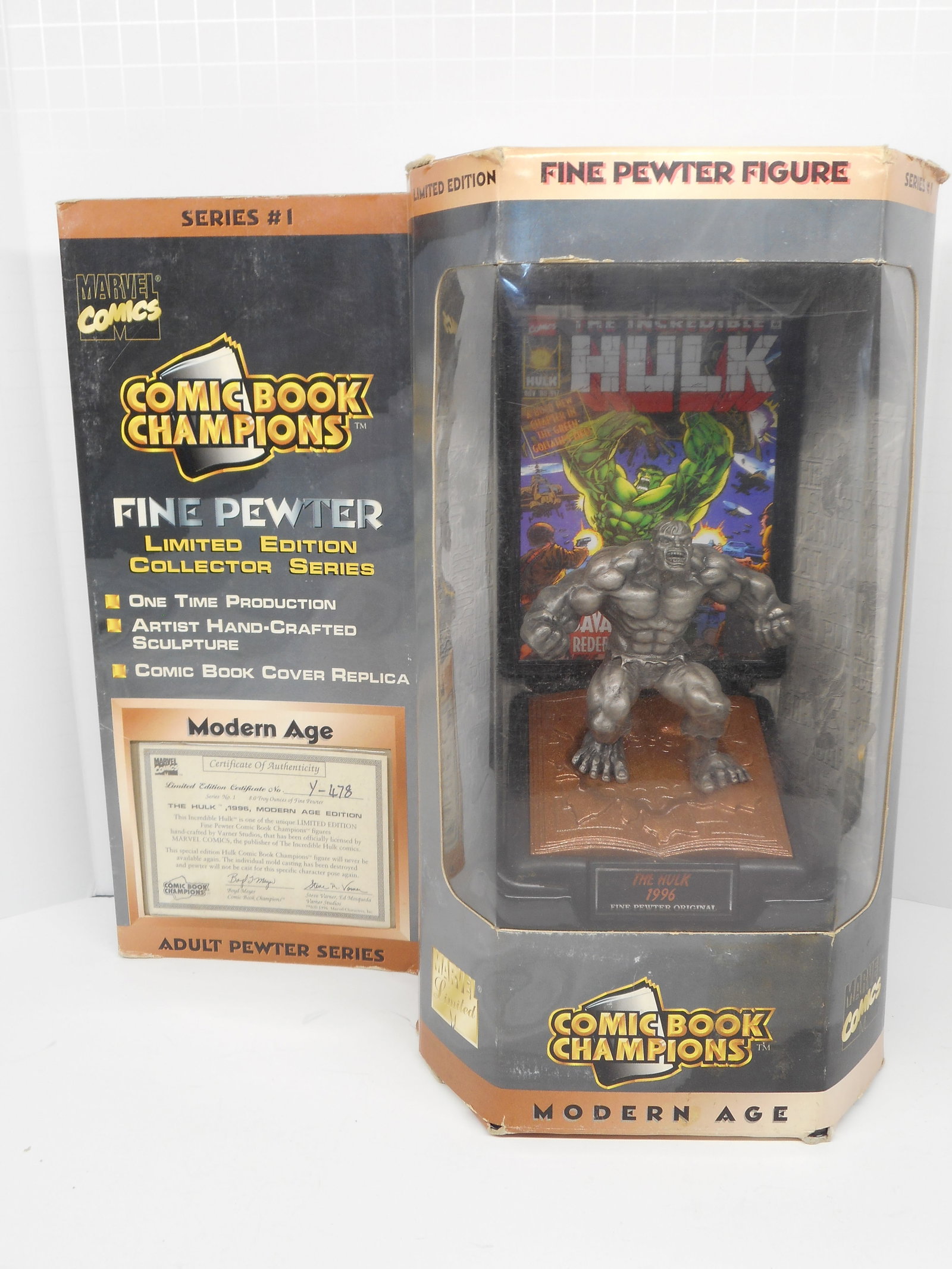 MARVEL 1996 Comic Book Champions THE HULK Modern Age Fine Pewter Figurine SEALED W/ COA: box has light wear from storage Bidding on this item will be indication that the Bidder acknowledges that they have read and agreed to the Terms and Conditions posted to this Auction