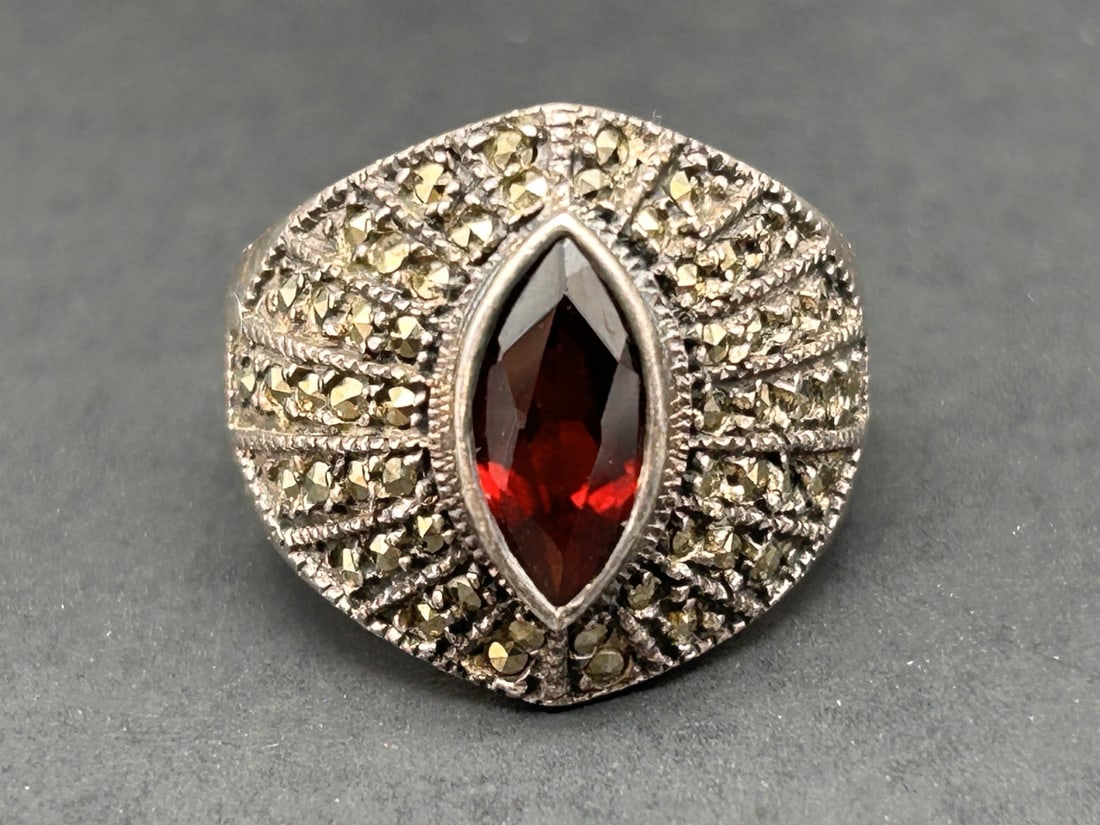 Marquise Cut Garnet & Marcasite Sparkling Cocktail Ring, Wide Band, Marked 925, Size 8 (1 of 4)