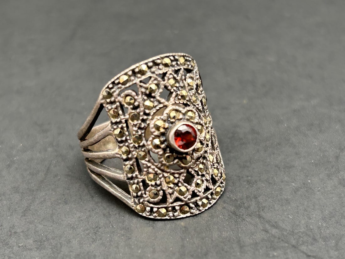 Sterling Marcasite Statement Ring with Flower Embellishment, Red Stone Center, Marked 925, Size 10 (1 of 4)