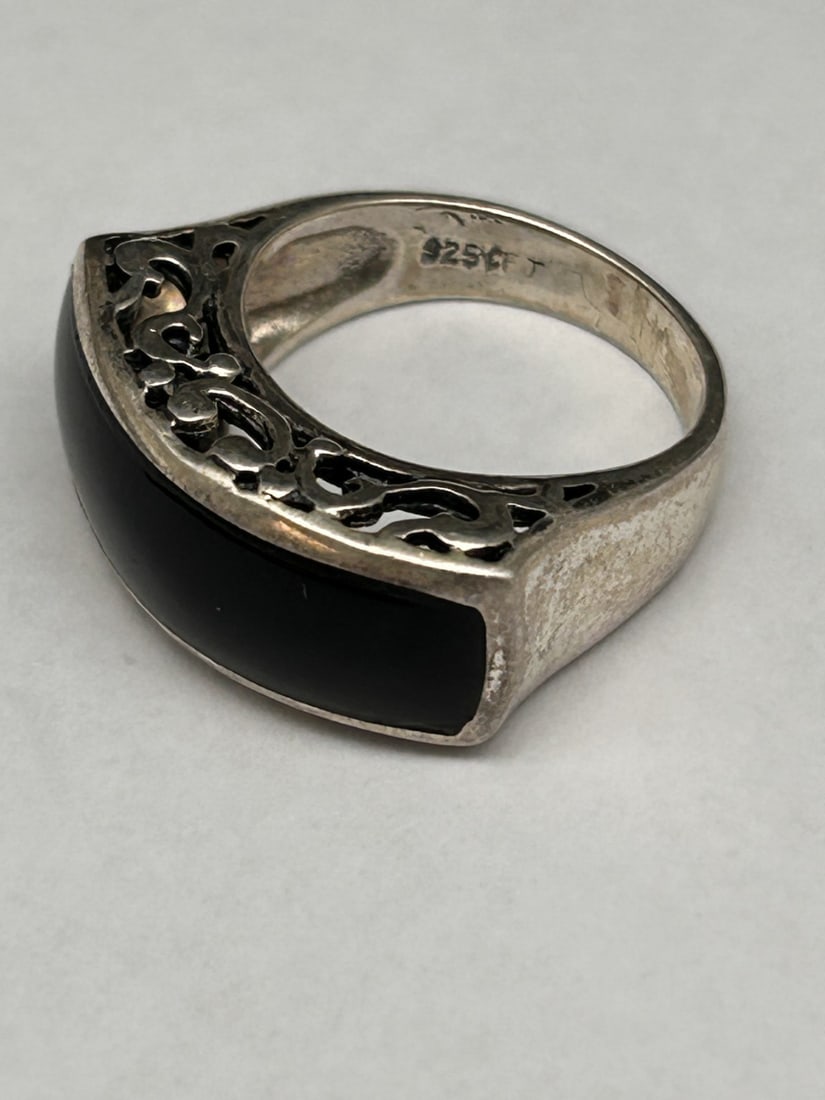 Onyx Inlay Sterling Silver Filigree Setting Ring, Size 6, Marked 925 CFJ (1 of 5)