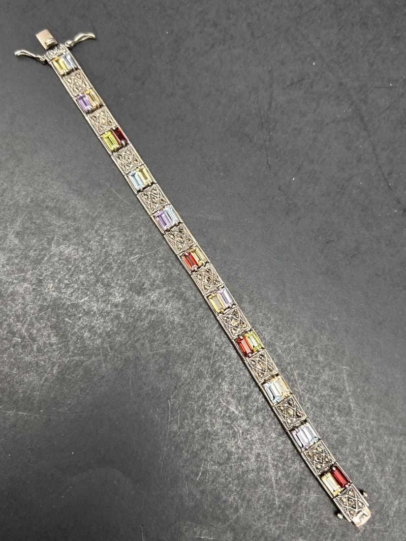 Multicolor Gemstone and Marcasite Sterling Silver Bracelet, 7.5 inches, Marked 925, Signed CL (1 of 6)