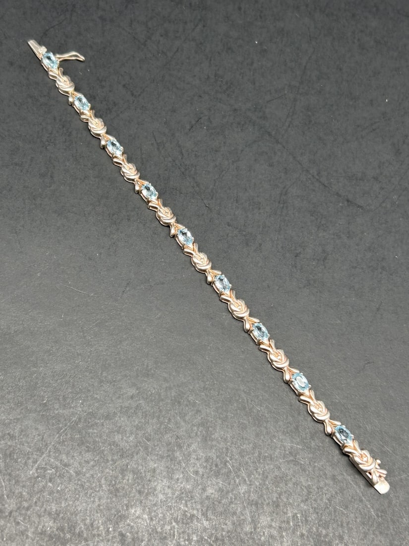 Classy Blue Topaz and Knot-Link Sterling Silver Bracelet, Marked 925, Signed SLV, 7 inches (1 of 4)