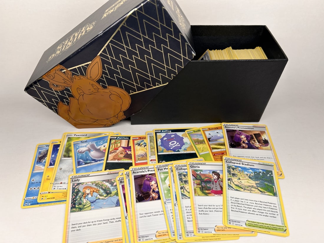 Stack Of Assorted Pokemon Tcg Cards In Shining Fates Box, Stack Approx. 3  Inches