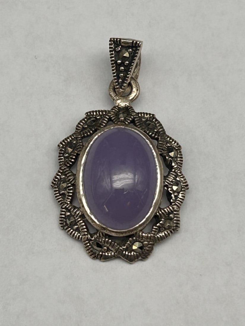 Lavender Jade Cabochon and Marcasite Oval Pendant, 1 inch, Sterling Silver, Marked 925: Bidding on this item will be indication that the Bidder acknowledges that they have read and agreed to the Terms and Conditions posted to this Auction