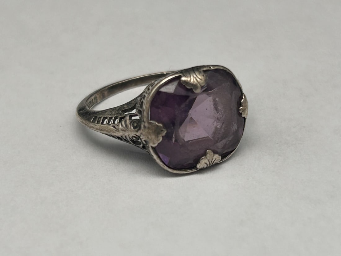 Sterling Silver Ring, Ornate Open Work Shank, Large Amethyst Stone, Size 6, Marked Sterling (1 of 6)