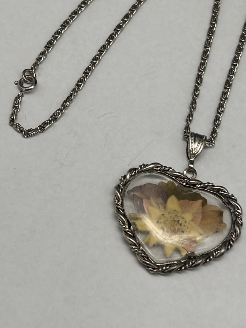 Dried Pressed Flowers in 1.5-inch Heart Shaped Pendant on Silver Chain, 16 inch Necklace (1 of 4)