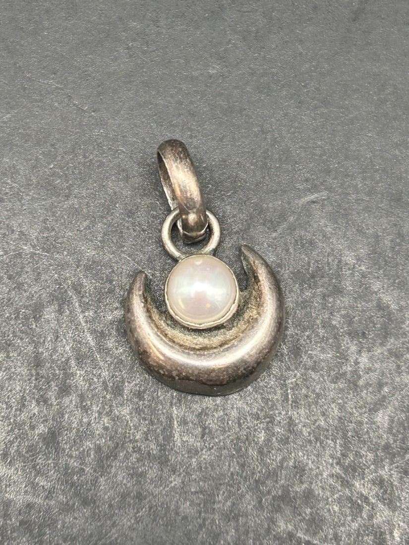 Crescent Sterling Silver Moon with Pearl Pendant, Marked 925, 5/8-inch (1 of 4)
