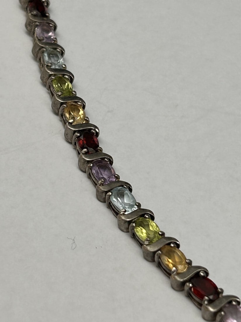 Multi Gemstone Tennis Bracelet in Sterling Silver, Marked 925 HAN, 7 inches (1 of 5)