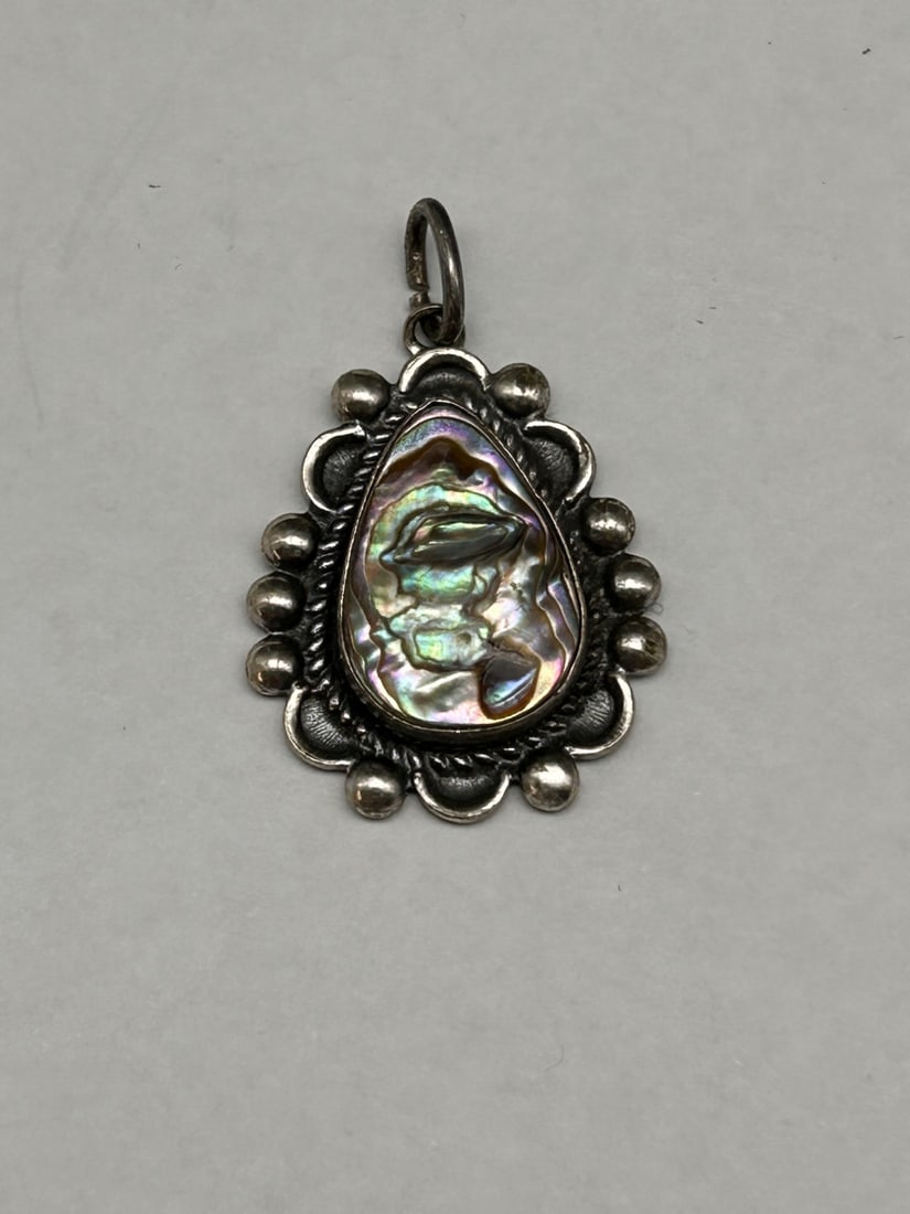 Signed BELL Sterling Silver Polished Abalone Teardrop Pendant, Decorative Setting, 1 inch (1 of 3)