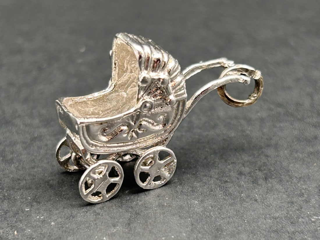 Adorable Baby Buggy, Old-Fashioned Stroller Silver Charm, 1 inch, Bale marked Sterling: Bidding on this item will be indication that the Bidder acknowledges that they have read and agreed to the Terms and Conditions posted to this Auction