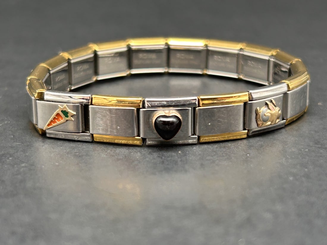 ROMA Expansion Band Charm Bracelet, Two Toned, Colorful 3D Charms, Stainless Steel: Bidding on this item will be indication that the Bidder acknowledges that they have read and agreed to the Terms and Conditions posted to this Auction