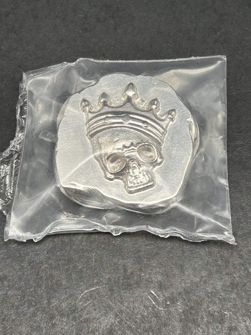 Reckless Metals 1 Troy Ounce 999 Fine Silver, Pressed Pour, Crowned Skull, Not Serialized (1 of 2)