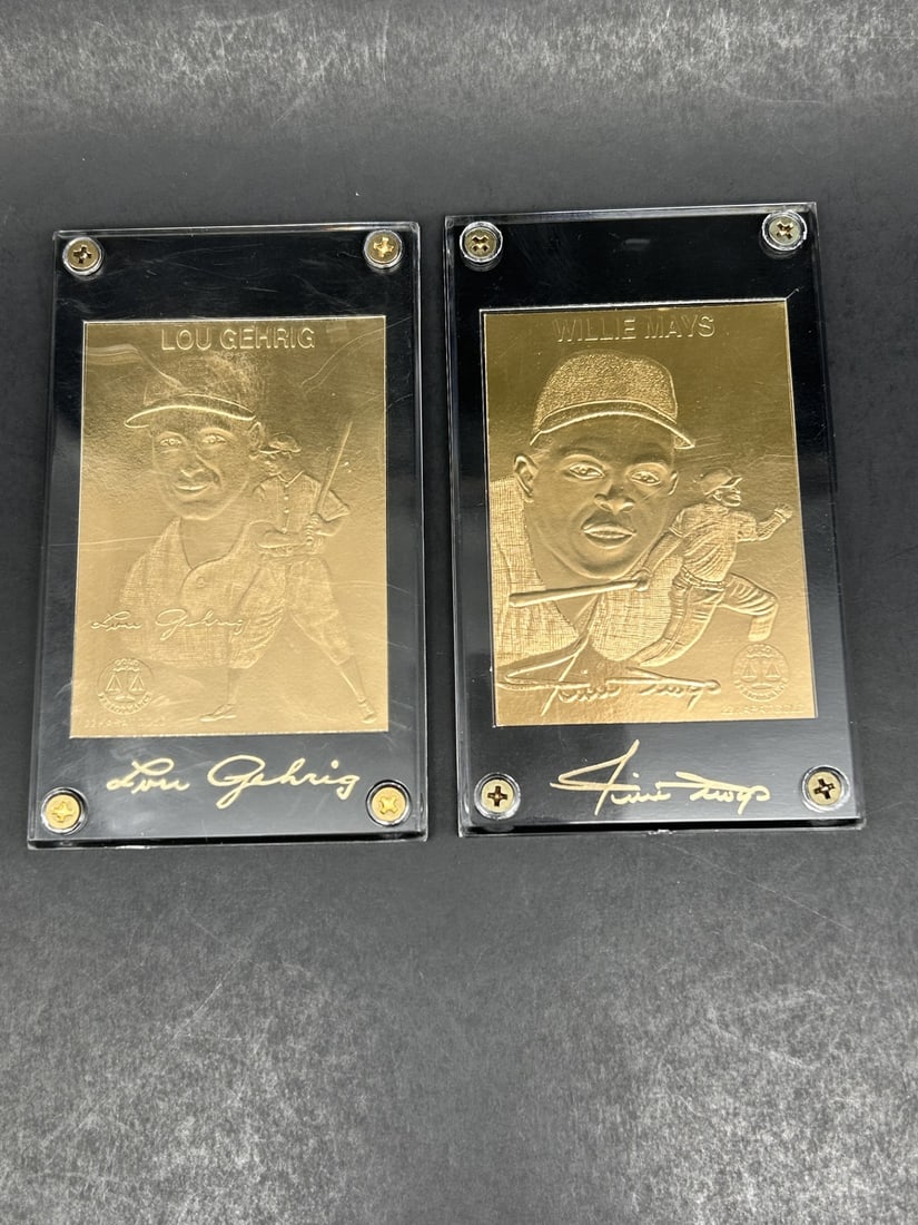 22KT Gold Leaf Lou Gehrig and Willie Mays Commemorative Baseball Cards, Serialized in Display Cases (1 of 5)