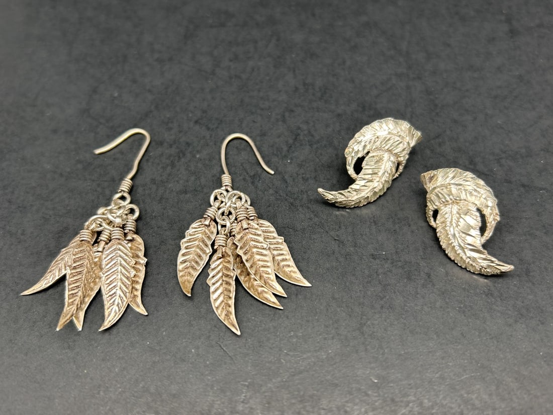 Sterling Silver Diamond Cut Feather Design Post Earrings & Dangling Feather Charm Earrings (1 of 5)