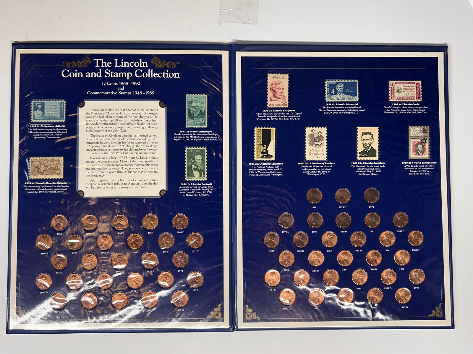 The Lincoln Coin & Stamp Collection, Postal Comm. Society, 1c Coins 1968-1992, Stamps 1948-1989 (1 of 4)