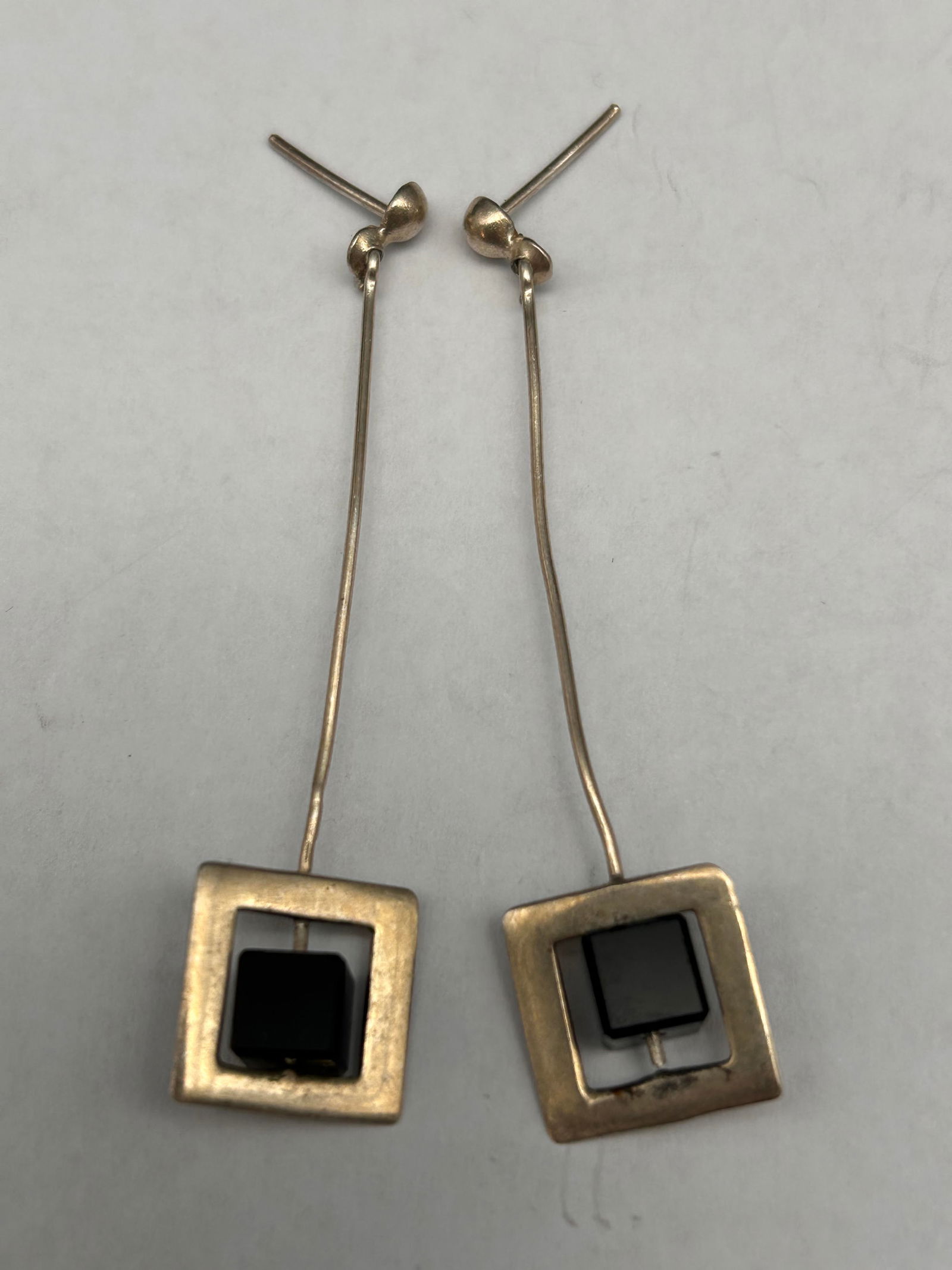 Artisan Made Art Deco Long Pendant Earrings, Spinning Black Onyx Cube in Sterling Square, Marked 925 (1 of 3)