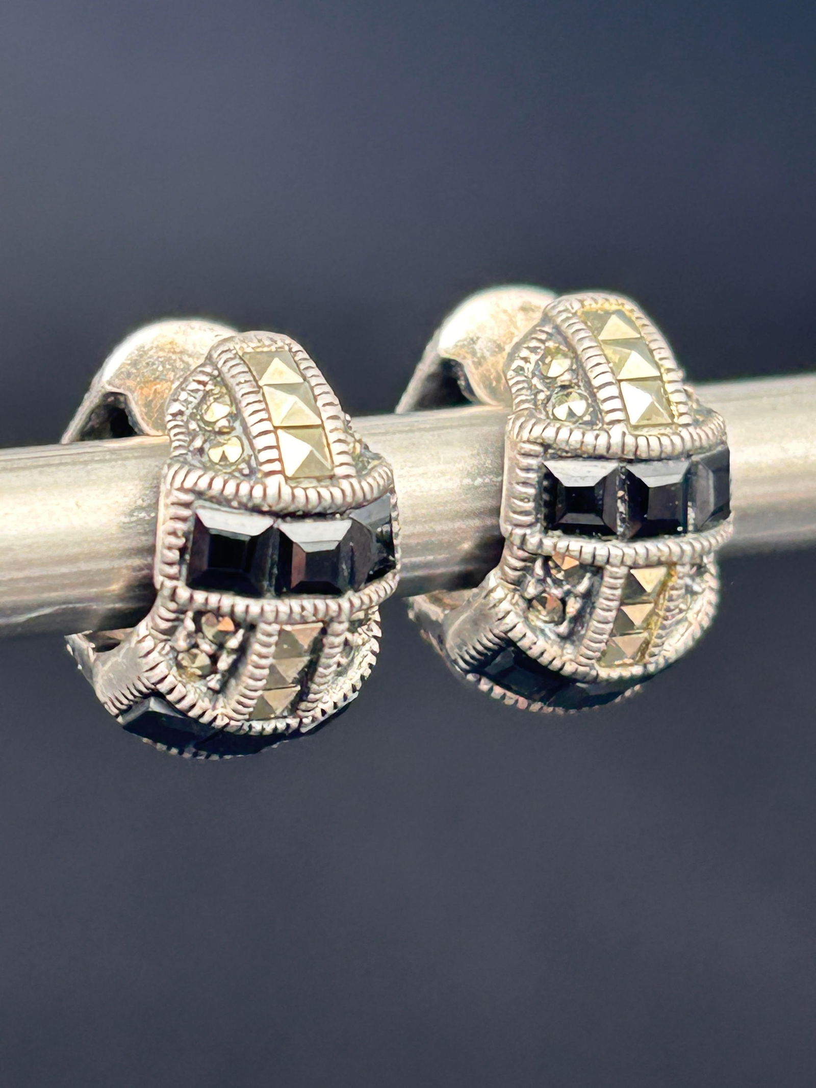 Stunning Judith Jack Marcasite and Onyx Sterling Silver Huggie Style Earrings, 5/8-inch (1 of 4)