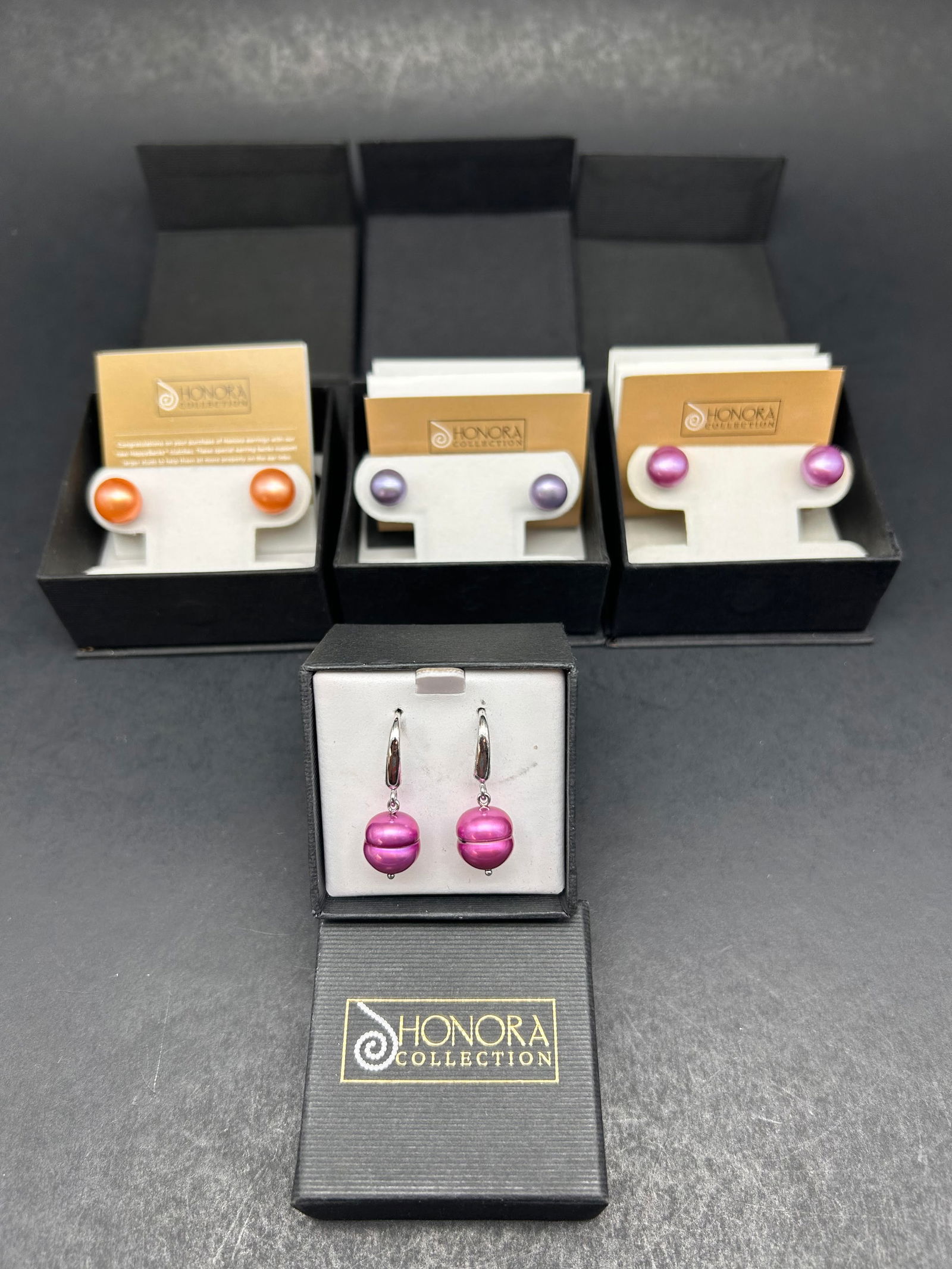 Four Pairs of HONORA Colored Cultured Pearl Post Earrings, In Original Boxes - Wear, Gift, Resell: Bidding on this item will be indication that the Bidder acknowledges that they have read and agreed to the Terms and Conditions posted to this Auction