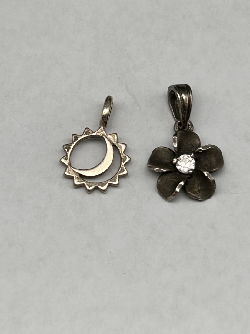 Sterling Charms, Moon & Sun Unmarked, Plumeria with Crystal Center Marked 925, 1/2 inch: Bidding on this item will be indication that the Bidder acknowledges that they have read and agreed to the Terms and Conditions posted to this Auction