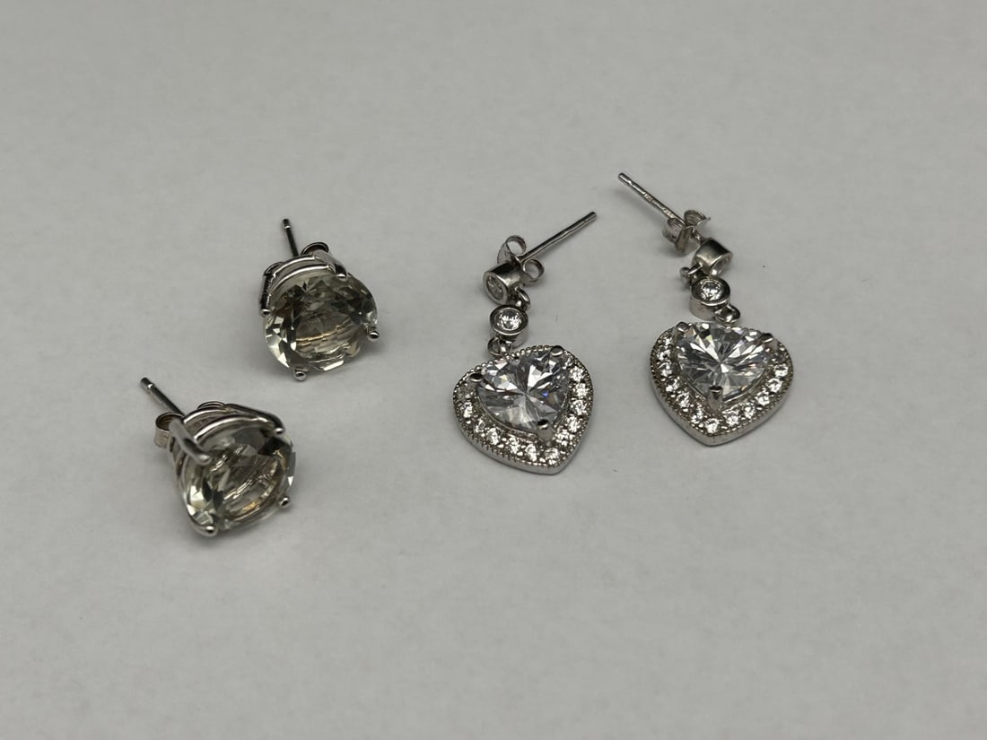 Post Back Clear Stone Silver Earrings - Dangling Hearts & Round Cut Studs, Marked 925 (1 of 4)