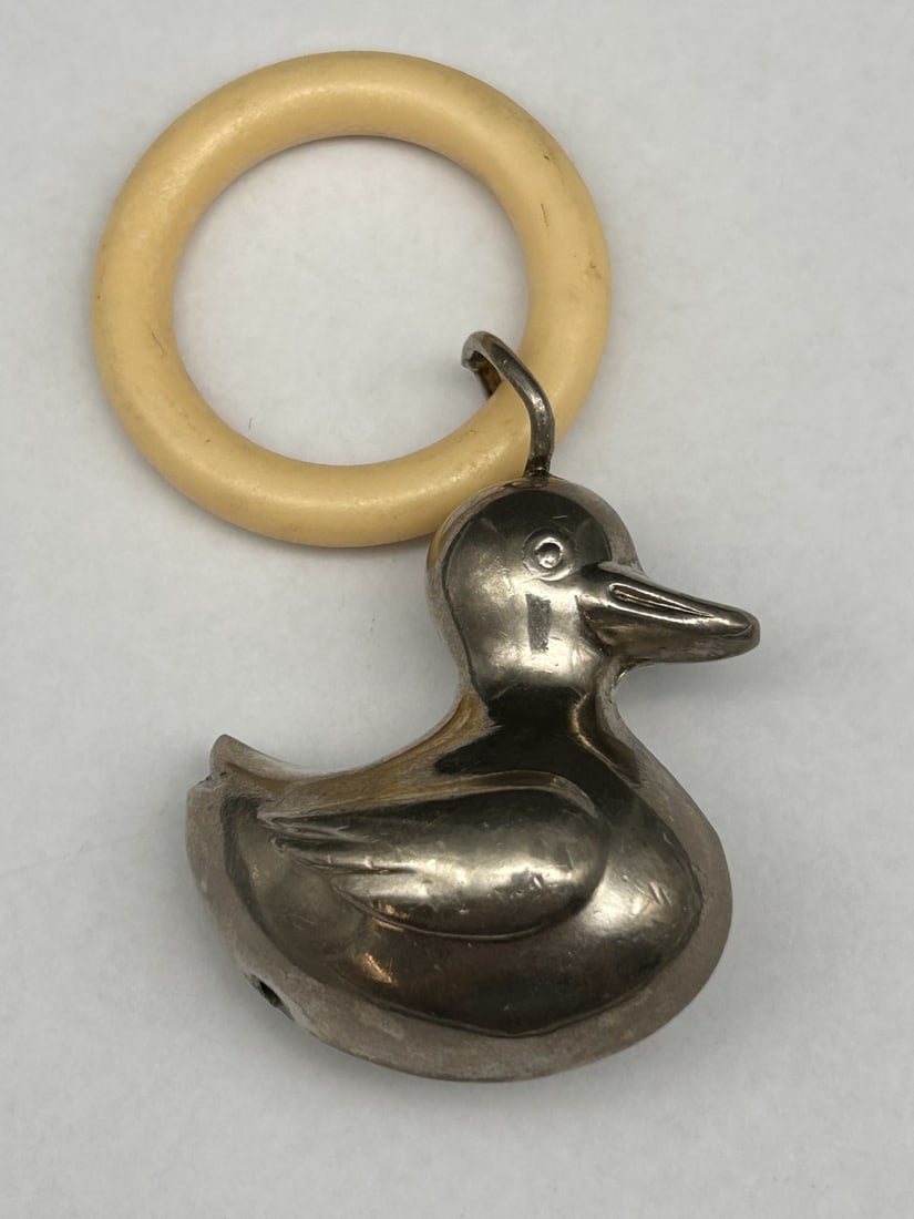 Vintage Duck Baby Rattle, Silver Plated Metal and Plastic Ring, Mid Century, 3.5 inches total (1 of 3)