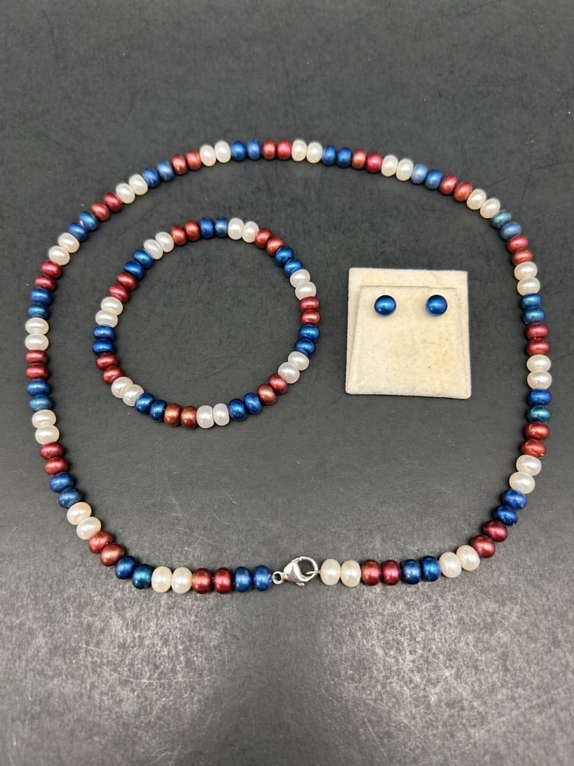 Patriotic Red, White & Blue Freshwater Pearl Set, HONORA Necklace, Bracelet and Post Earrings (1 of 4)