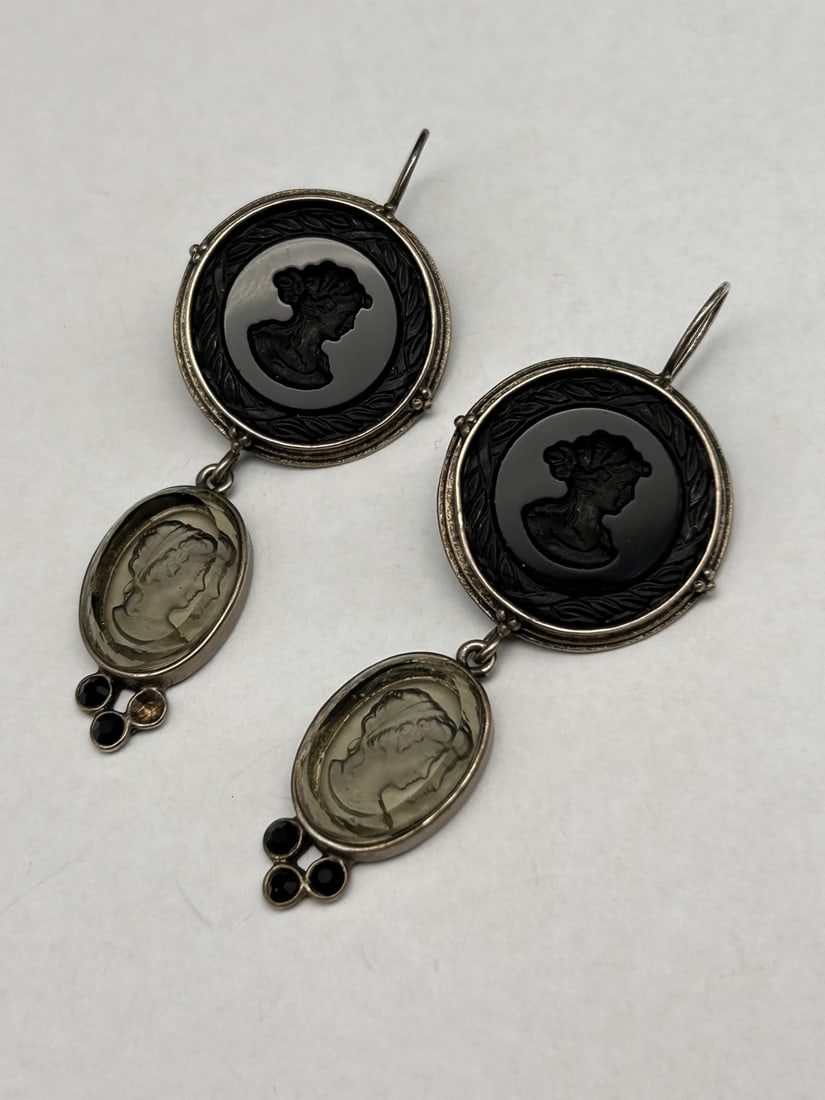 Black & Smokey Glass Intaglio Vintage Cameo Pendant Earrings, Relief and Engraved, 2.25 inches: Bidding on this item will be indication that the Bidder acknowledges that they have read and agreed to the Terms and Conditions posted to this Auction
