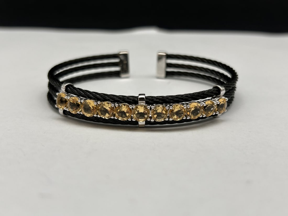 Citrine and Black Stainless Steel Cuff Bracelet, Open Back Stones, Sterling Silver Setting & Caps (1 of 5)