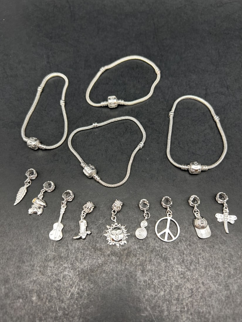 Barrel Clasp Silver Charm Bracelets with Slider Charms, Closure marked LOVE: Bidding on this item will be indication that the Bidder acknowledges that they have read and agreed to the Terms and Conditions posted to this Auction