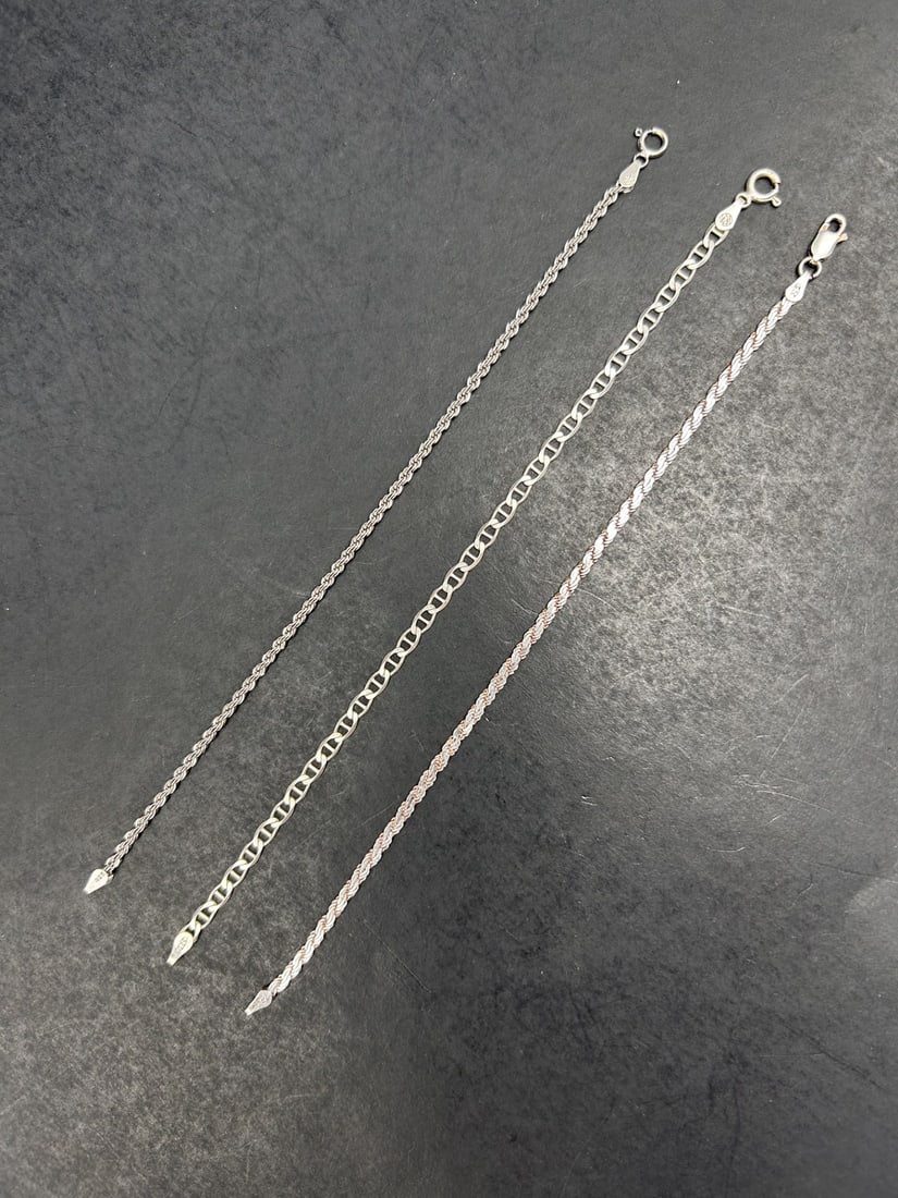 Three Silver Bracelets, Round and Flattened Rope Link & Anchor Link, All 7 Inches, Marked 925 (1 of 4)