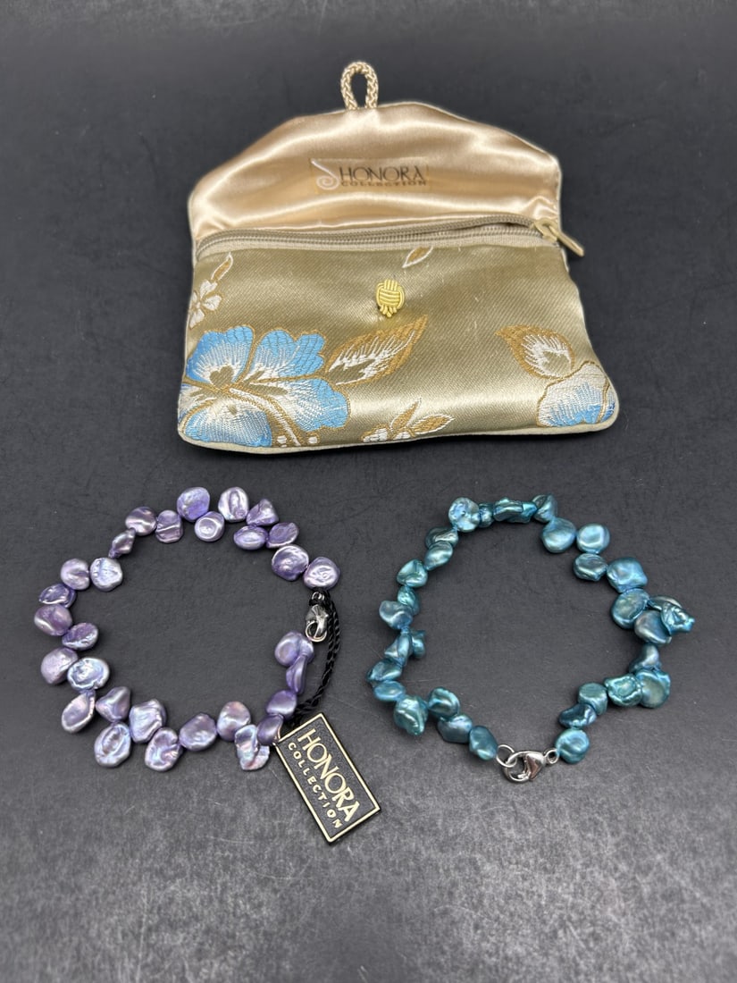 Beautiful Blue and Lovely Lavender Cultured Pearl HONORA Bracelets, Silk Floral Zipper Pouch: Bidding on this item will be indication that the Bidder acknowledges that they have read and agreed to the Terms and Conditions posted to this Auction