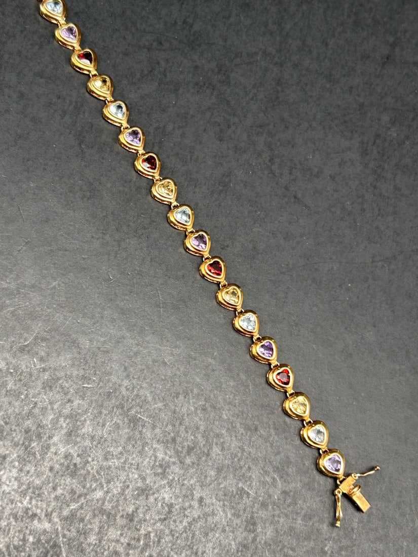 Heart Link Multicolored Gemstone Bracelet, Gold Toned Band, Marked 925, 7 inches (1 of 4)