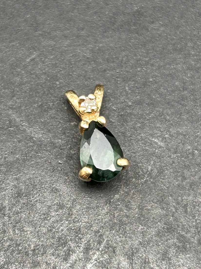 14K Gold Teardrop Pendant with Emerald Green Stone and Small Clear Stone accent, 1/2-inch Charm (1 of 3)