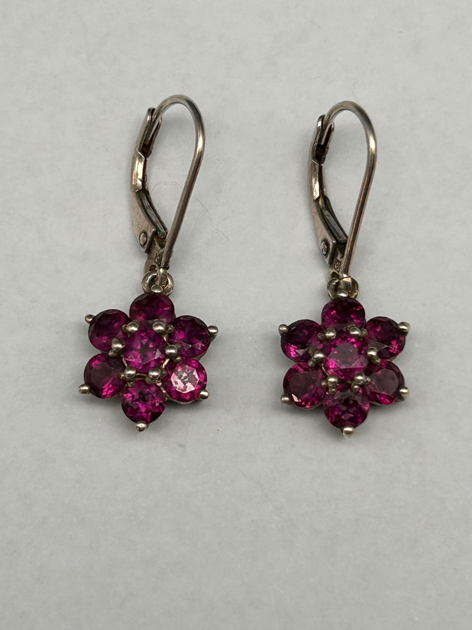 Purple Stone Cluster and Silver Flower Dangle Earrings, Marked 925, 1 inch total length (1 of 3)