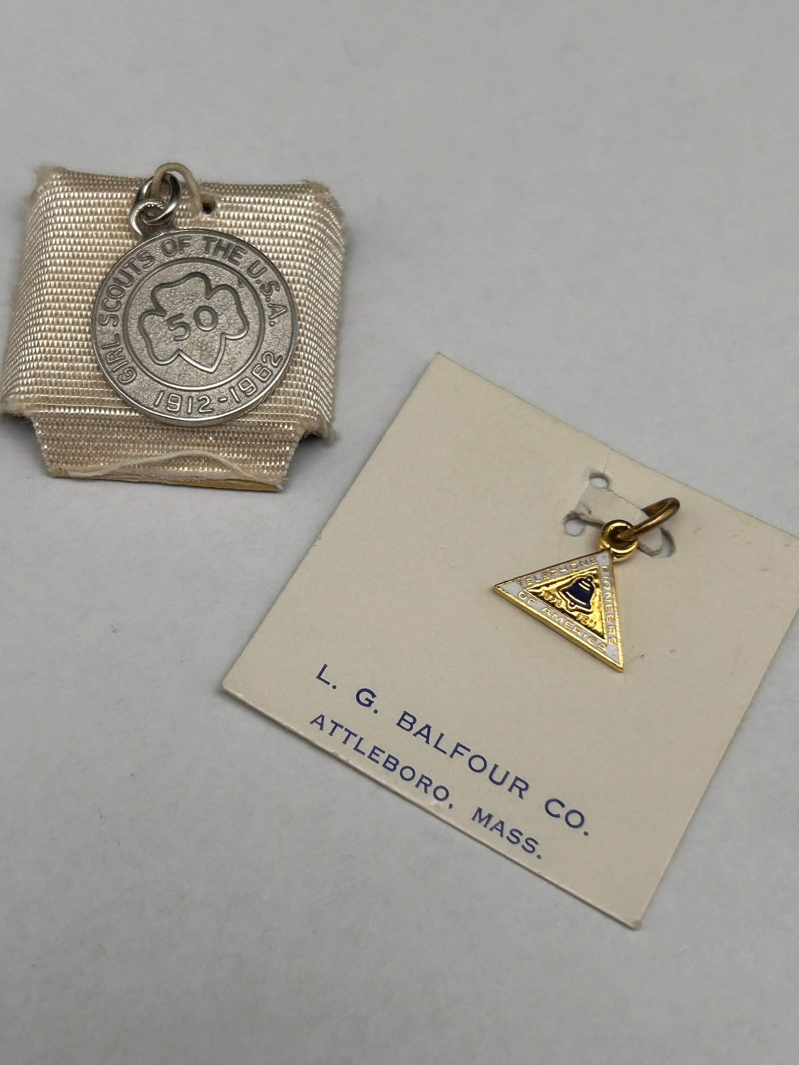 Girl Scouts 1962 50th Anniversary Engraved Sterling Charm & Telephone Pioneers of America Charm: Bidding on this item will be indication that the Bidder acknowledges that they have read and agreed to the Terms and Conditions posted to this Auction