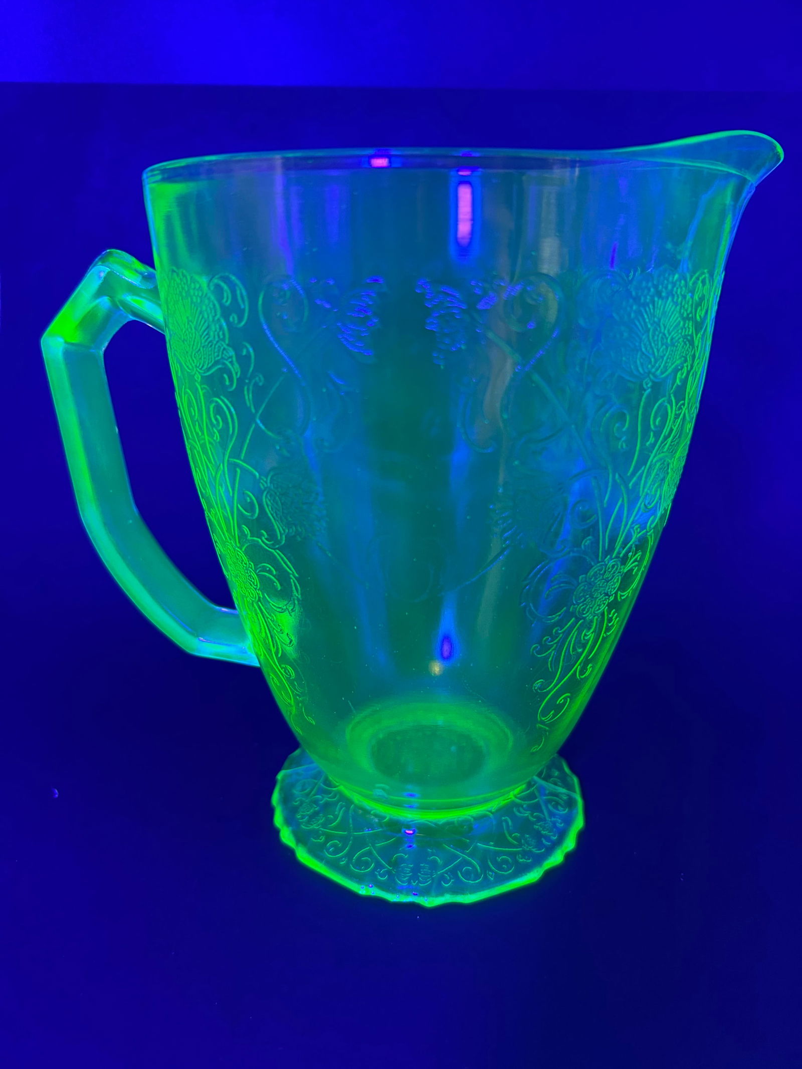 Hazel Atlas Florentine Green Depression Glass Pitcher, Uranium Glass, Glow Under UV light, 6.5" tall (1 of 8)