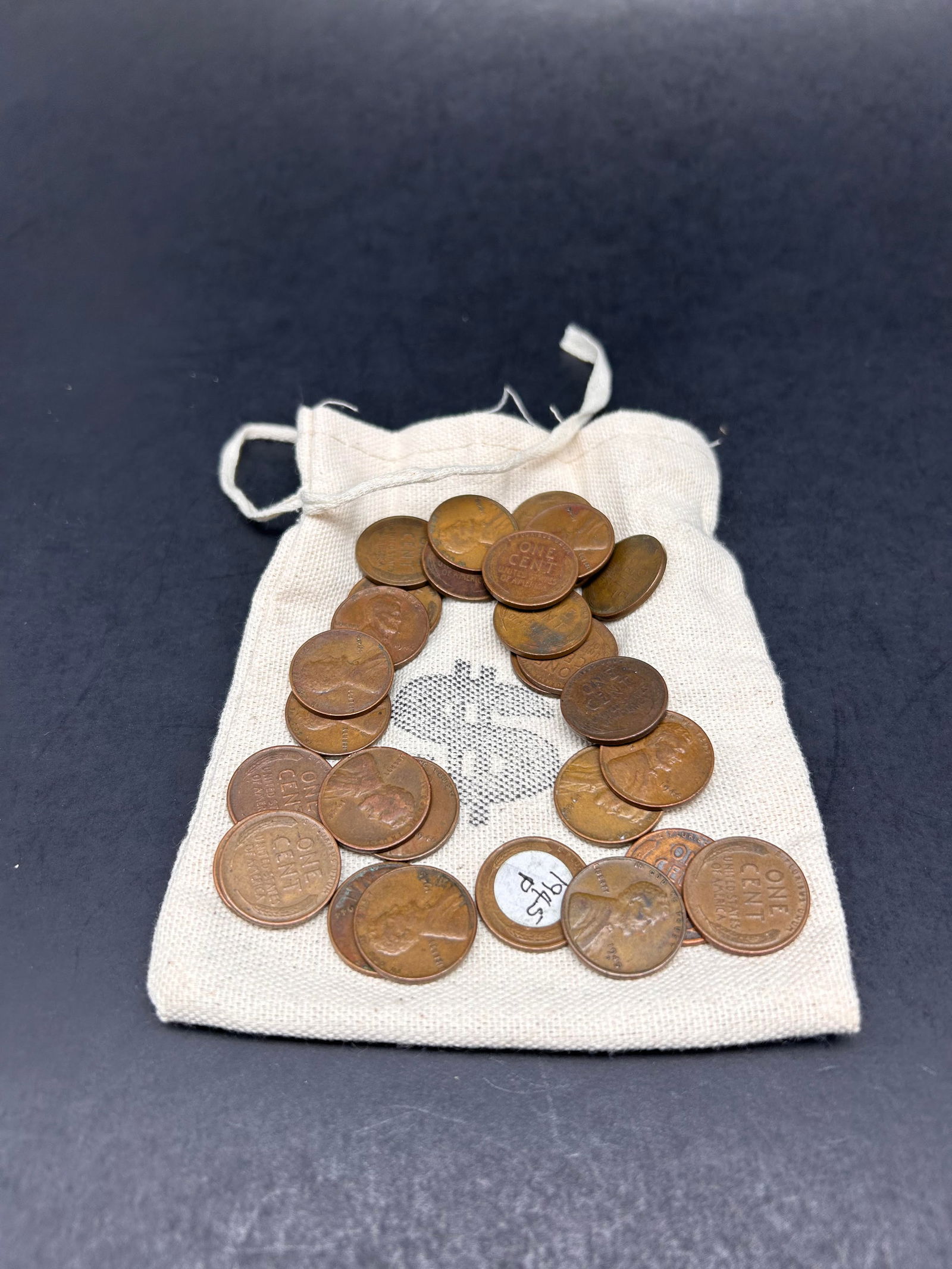 Canvas Drawstring Pouch with Wheat Pennies, Dollar Sign on Bag, Pouch is 4.5" (1 of 4)