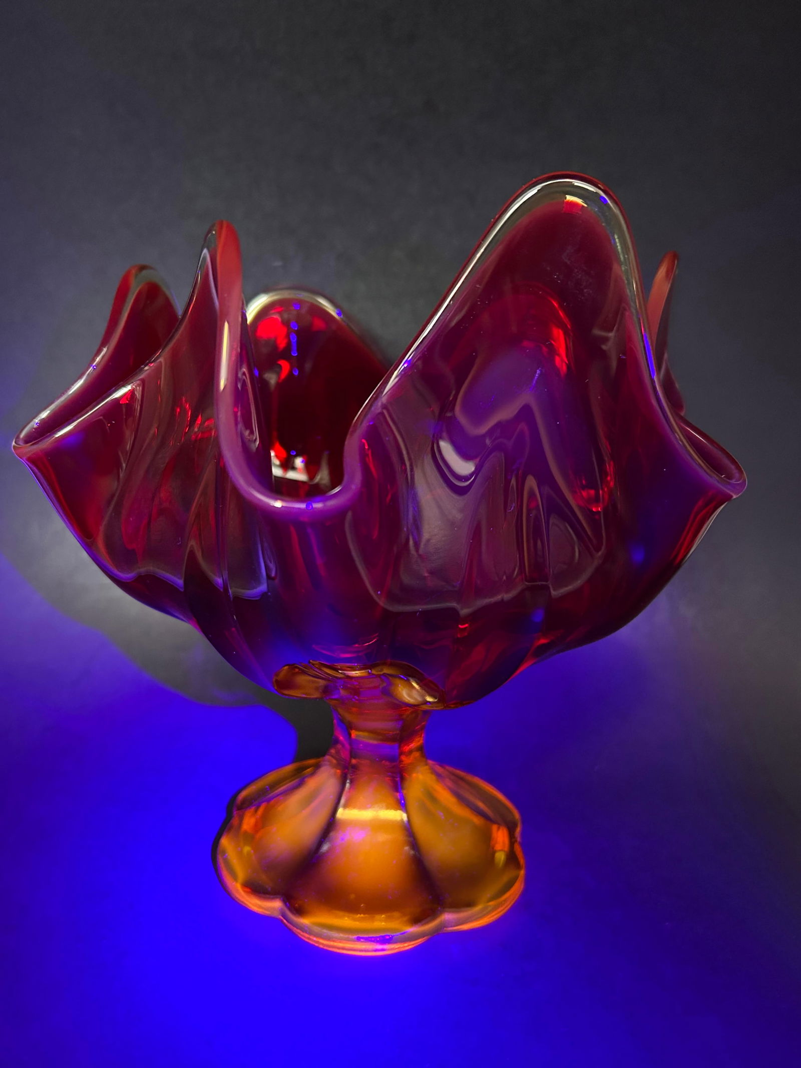 Vintage LE Smith Red & Orange Amberina Glass Pedestal Bowl, Cadmium Glow under UV light, 7.5" tall (1 of 5)