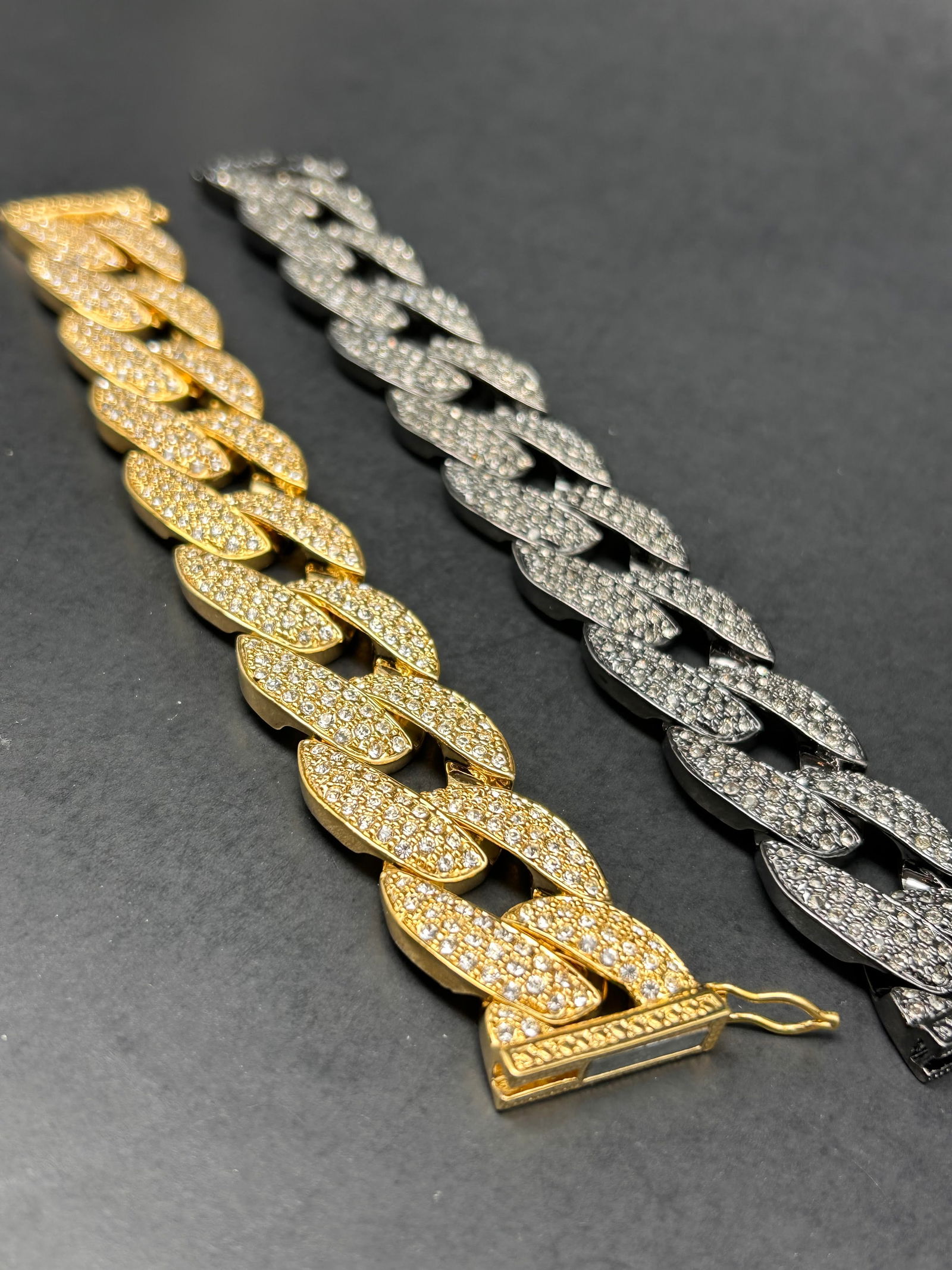 Chunky Cuban Link Bracelets Iced with Crystals, Magnetic Safety Clasp, Unused, Gold & Gunmetal, 8": Bidding on this item will be indication that the Bidder acknowledges that they have read and agreed to the Terms and Conditions posted to this Auction