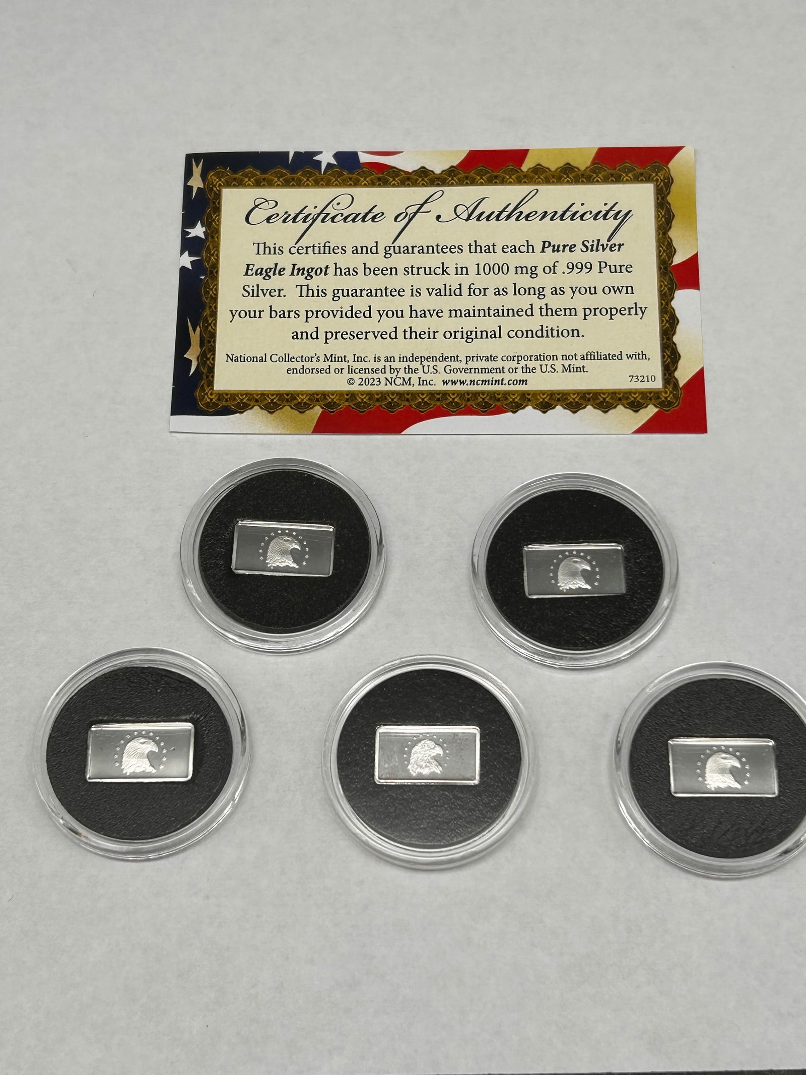 Set of Five Pure Silver Eagle Ingots w/Certificate of Authenticity - Each 1g/1000mg .999 Pure Silver (1 of 6)