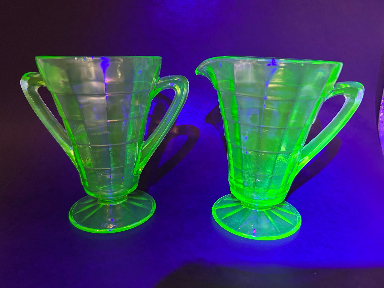 Vintage Green Uranium Depression Glass Block Optic Open Sugar & Creamer Tea Room Set, 4.5" (1 of 6)