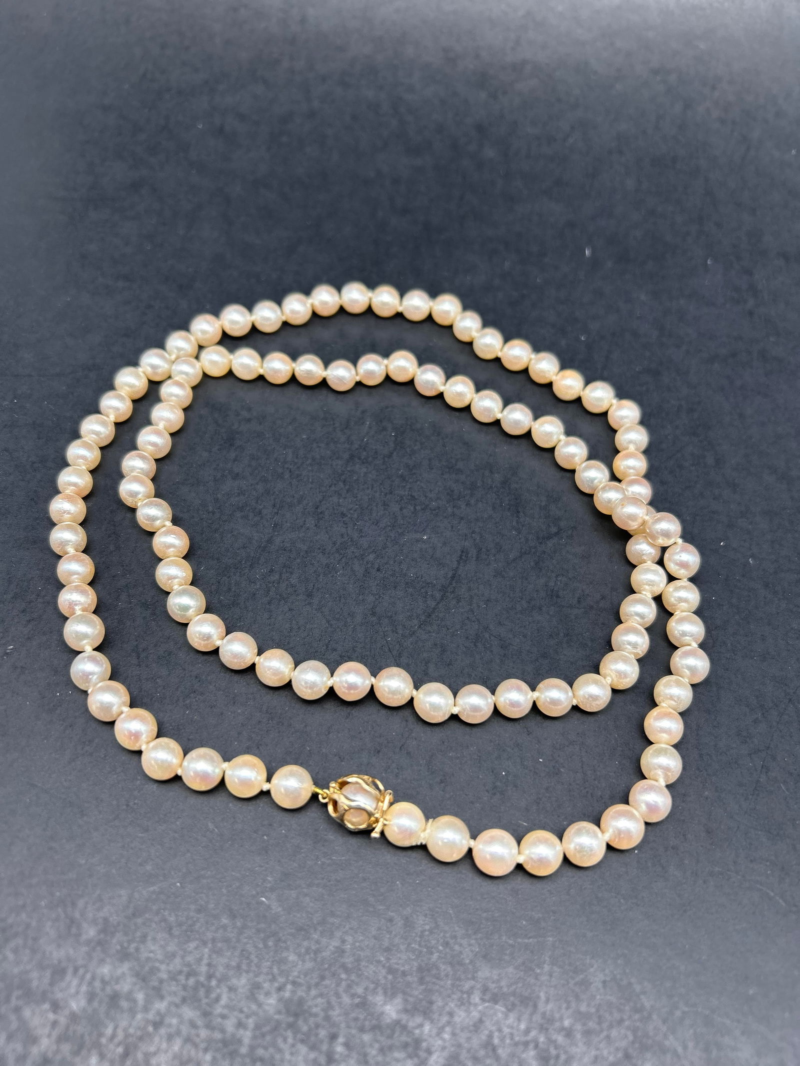 Long Cream Pearl Strand Necklace, 33", with Unique Cage-Style Gold Clasp, Marked 14K / 585 (1 of 5)